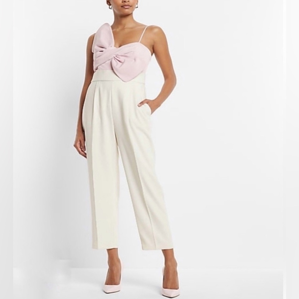 Express Statement Bow Color Block Straight Leg Jumpsuit – MPink Barbiecore – NWT